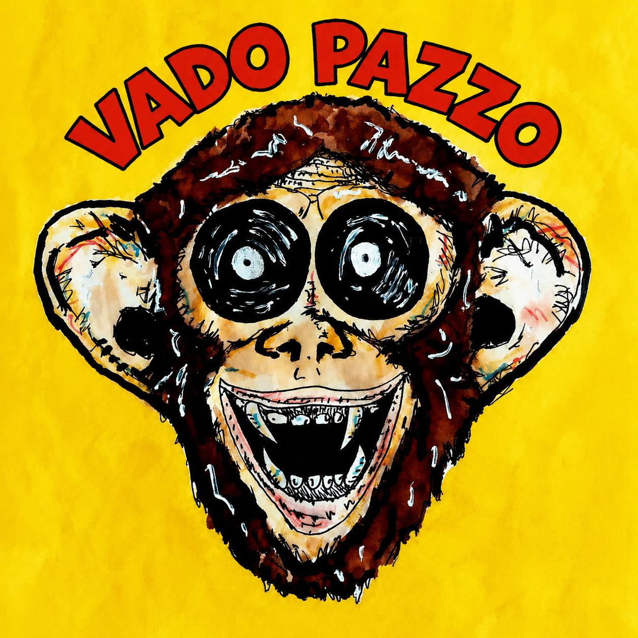 Vado Pazzo logo — wild grinning chimp on a yellow field